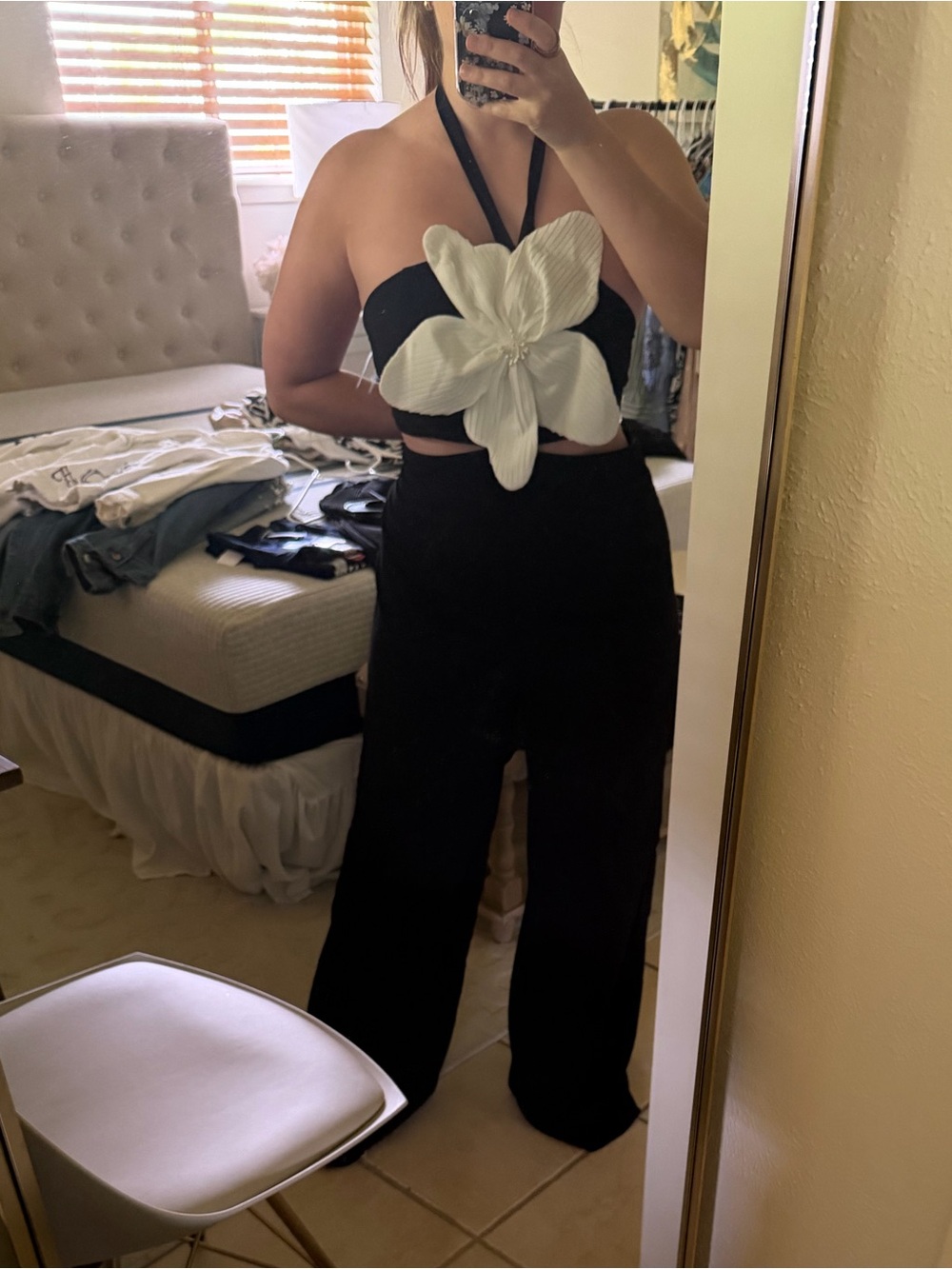 Boohoo Black Halter Wide-Leg Jumpsuit with White Floral Detail